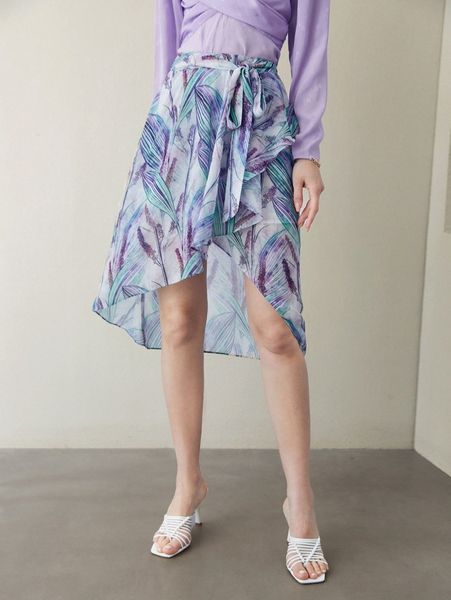 leaf print tulip hem chiffon belted shirt q4rc#, Black