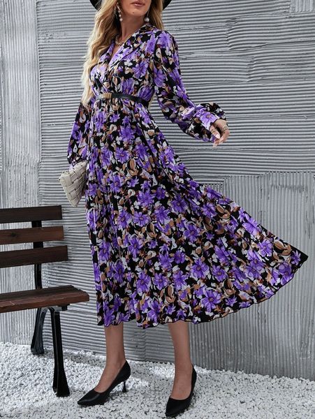 floral print lapel collar lantern sleeve pleated hem dress without belt n4yg#, Black;gray
floral print lapel collar lantern sleeve pleated hem dress without belt n4yg#, Black;gray