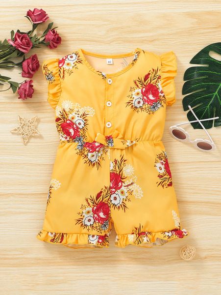 toddler girls floral print ruffle trim romper she, Blue