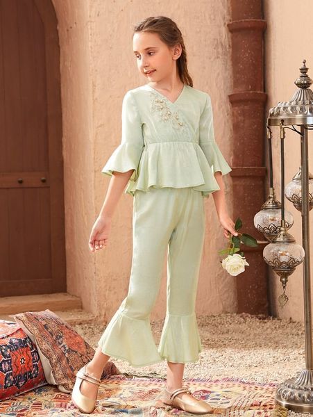 girls appliques belted ruffle hem & flounce hem pants set she, White
girls appliques belted ruffle hem & flounce hem pants set she, White