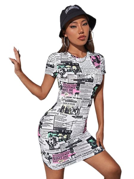 newspaper print bodycon dress f3qr#, Black;gray