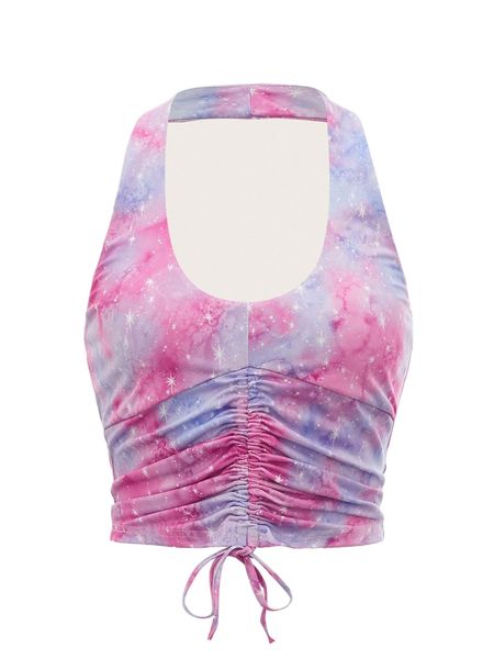 x spookish delight tie dye galaxy print drawstring front halter 43p0#, White
