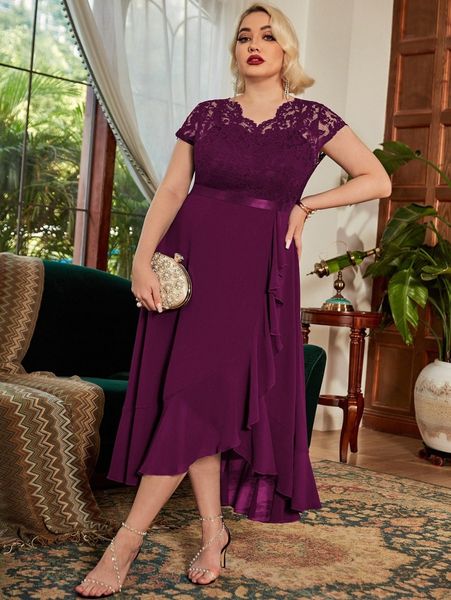 miusol plus sheer yoke lace bodice wrap hem prom dress e3fs#, Black