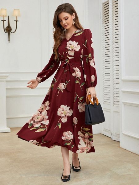 floral print lantern sleeve belted dress f6k4#, Black;gray