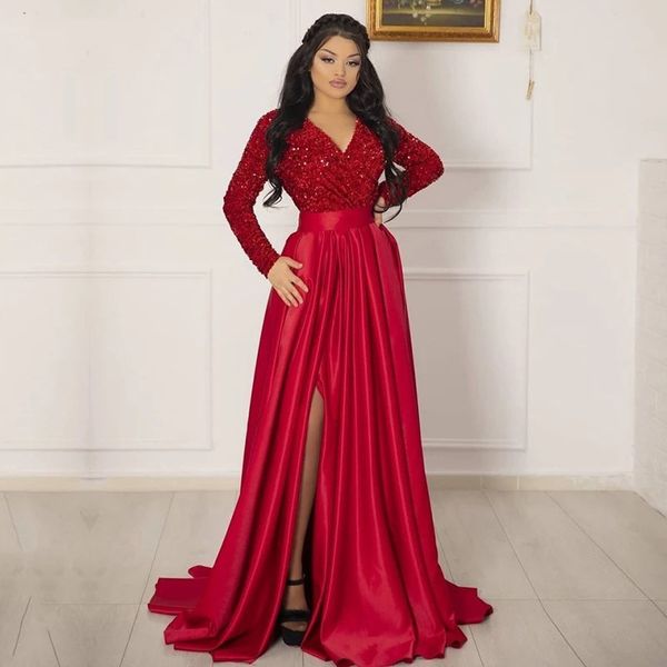 2023 arabic red long sleeves evening dresses a-line v-neck sequin satin skirt side split formal prom party gowns, Black;red
2023 arabic red long sleeves evening dresses a-line v-neck sequin satin skirt side split formal prom party gowns, Black;red