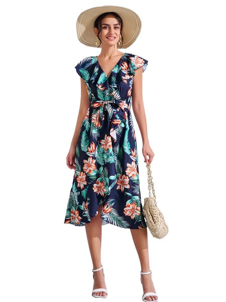 tropical print ruffle trim tulip hem dress s0ph#, Black;gray
tropical print ruffle trim tulip hem dress s0ph#, Black;gray