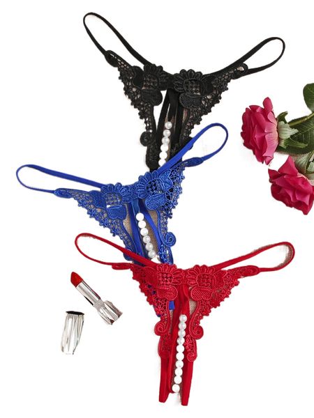 3pack pearl lace thong h57n#, Black;red