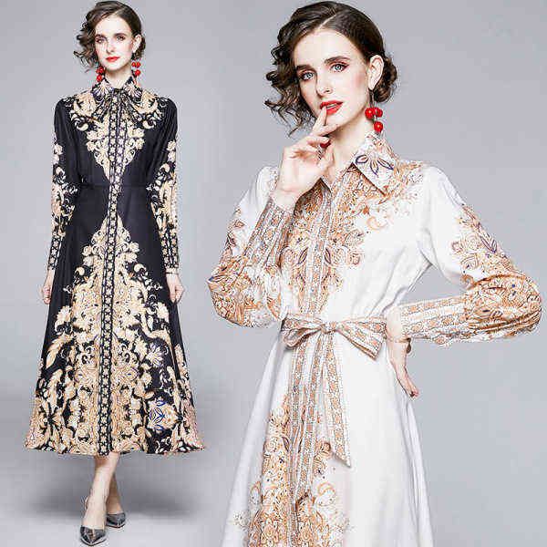 luxury designer women's dresses court style printed sleeve waist long skirt shirt dresses, Black;gray
luxury designer women's dresses court style printed sleeve waist long skirt shirt dresses, Black;gray