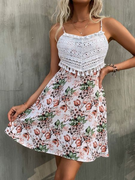 floral print contrast guipure lace tassel trim cami dress x0vi#, Black;gray 
floral print contrast guipure lace tassel trim cami dress x0vi#, Black;gray