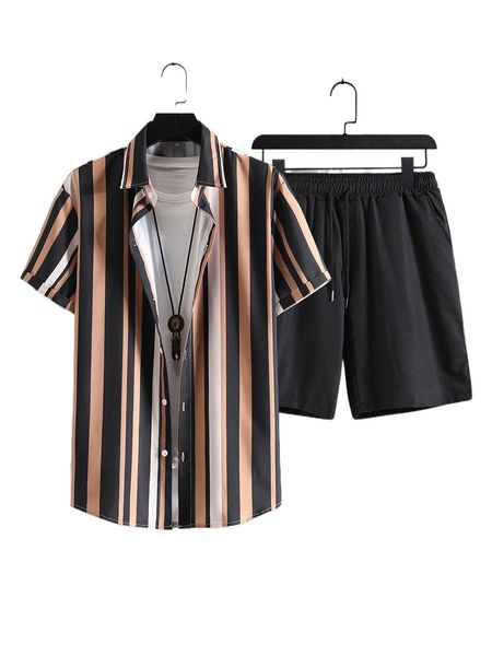 men striped shirt & solid shorts without tee n8ey#, Gray 
men striped shirt & solid shorts without tee n8ey#, Gray