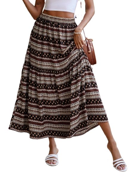 stripe & floral print flared skirt h1ph#, Black