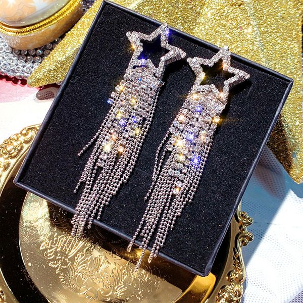 925 silver needle pentagram earrings european and american temperamental tassels long high profile rhinestone eardrops personalized fashion, Golden
925 silver needle pentagram earrings european and american temperamental tassels long high profile rhinestone eardrops personalized fashion, Golden