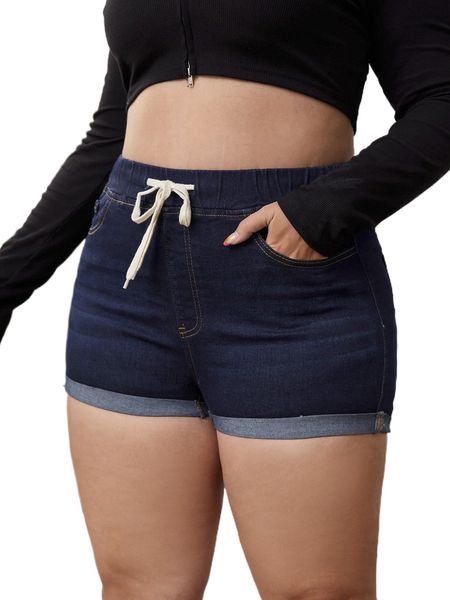 plus drawstring waist roll hem denim shorts a2s3#, White;black
plus drawstring waist roll hem denim shorts a2s3#, White;black