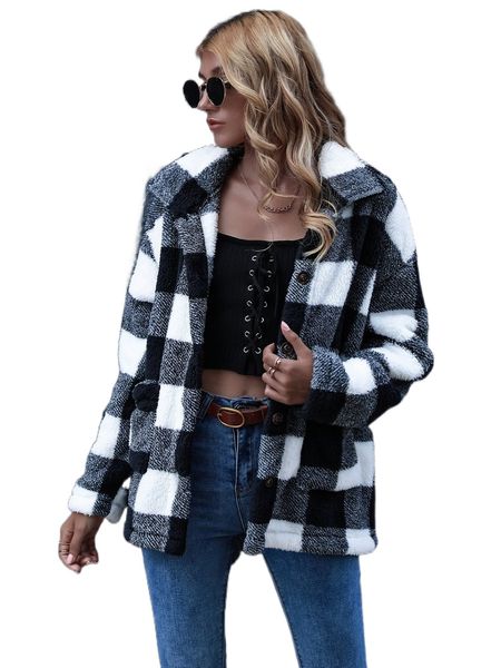 button front gingham teddy coat k1vc#, Black 
button front gingham teddy coat k1vc#, Black