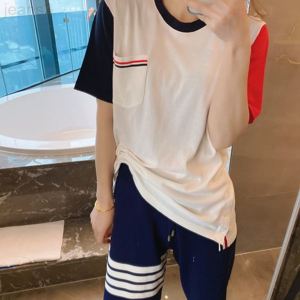 women's t-shirt designer 2022 spring and summer new college style tb two-color striped round neck contrast pocket short sleeve t-shirt, White
women's t-shirt designer 2022 spring and summer new college style tb two-color striped round neck contrast pocket short sleeve t-shirt, White