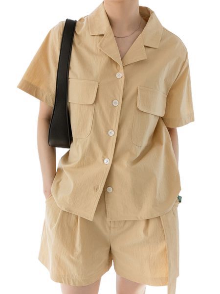 dazy-less flap pocket button front blouse & shorts 89ey#, White