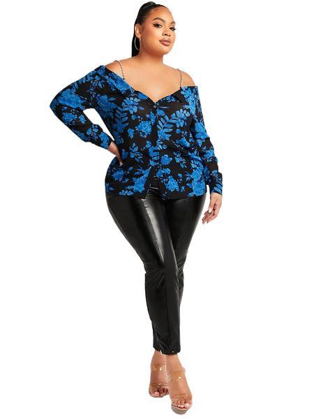 sxy plus rhinestone detail floral print button front blouse n7cc#, Black