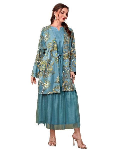 floral & paisley print drop shoulder coat & notched neck tassel belted dress n661#, White
floral & paisley print drop shoulder coat & notched neck tassel belted dress n661#, White