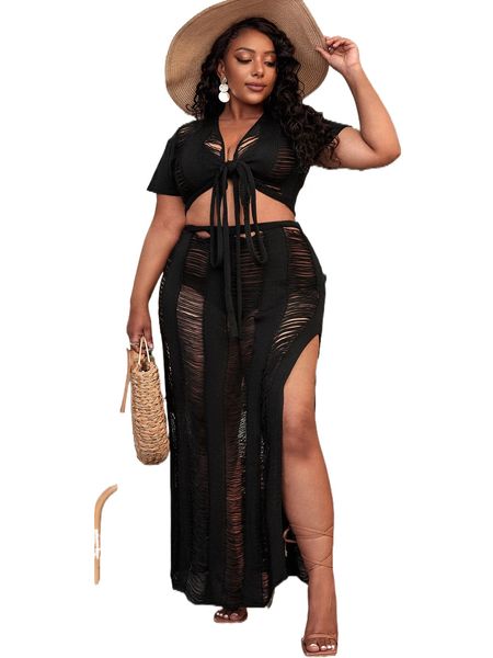 plus open stitch knot front split thigh cover up set without bikini x49d#, Black