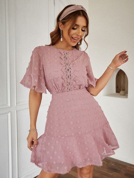 simplee swiss dot guipure lace insert flounce sleeve ruffle hem dress b6pt#, Black;gray
simplee swiss dot guipure lace insert flounce sleeve ruffle hem dress b6pt#, Black;gray