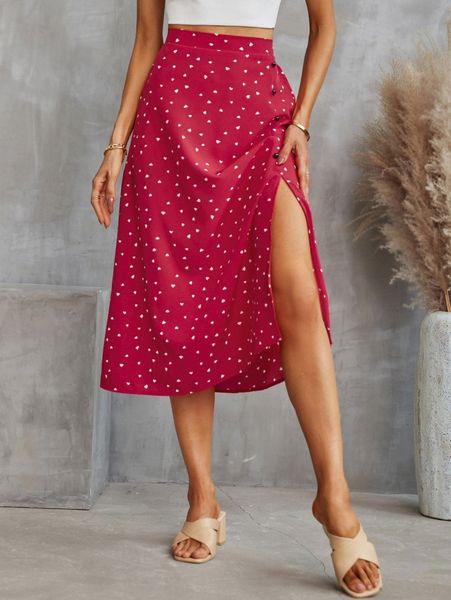 heart print split thigh skirt q6gr#, Black