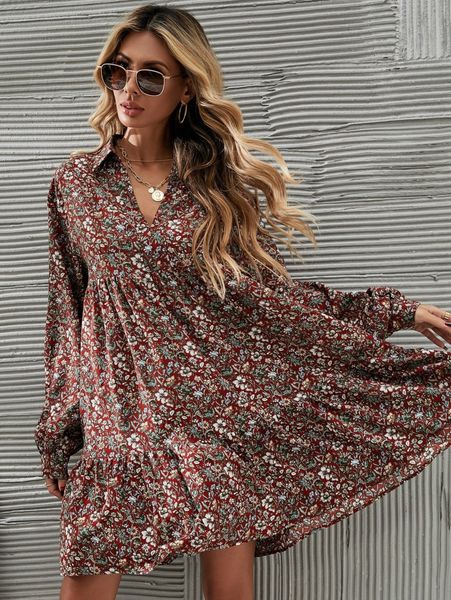 allover floral ruffle hem smock dress 613z#, Black;gray 
allover floral ruffle hem smock dress 613z#, Black;gray