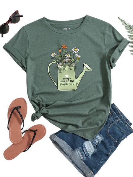 floral & slogan graphic tee 731r#, White