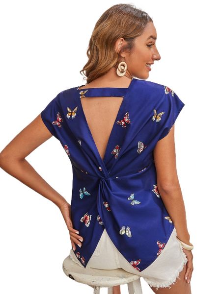 butterfly print cut out twist back batwing sleeve blouse y4vt#, White