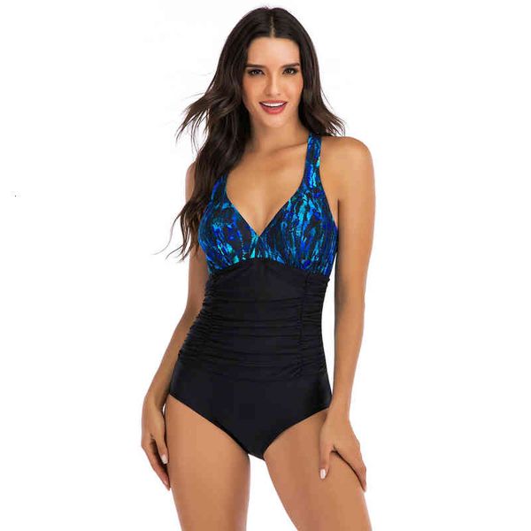 swimsuit one-piece women's half print conservative women, White;black
