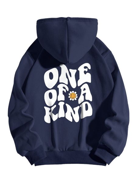 flower & slogan graphic drawstring kangaroo pocket hoodie b47j#, Black
