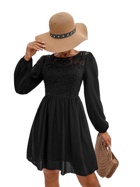 guipure lace insert lantern sleeve dress r4g9#, Black;gray