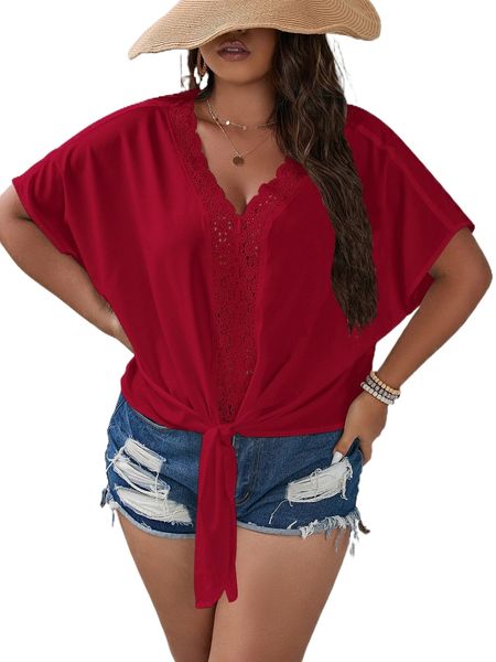 plus contrast guipure lace tie front dolman sleeve blouse h4ld#, Black 
plus contrast guipure lace tie front dolman sleeve blouse h4ld#, Black