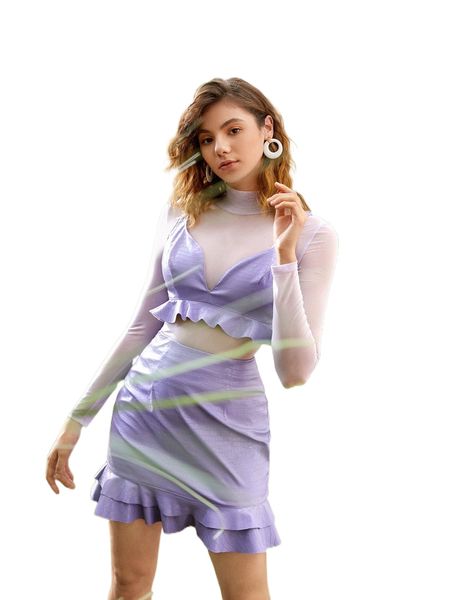 sweetheart neck ruffle hem patent crop & tiered layer hem skirt set without mesh v9o8#, White