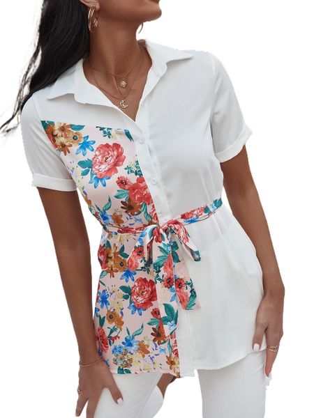 floral print button front belted blouse c7yi#, White