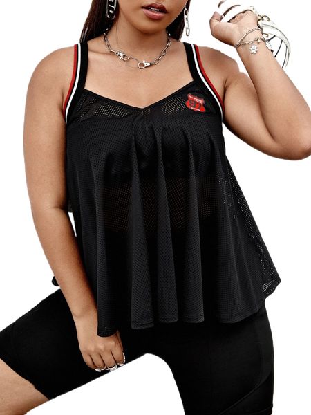plus letter graphic striped trim flowy cami without bra n9yx#, Black 
plus letter graphic striped trim flowy cami without bra n9yx#, Black