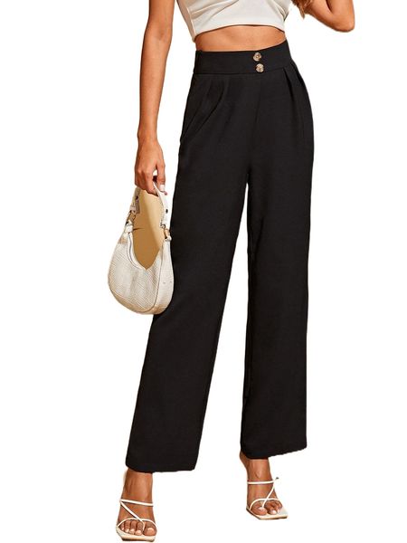 high waist fake button pants n2bv#, Black;white