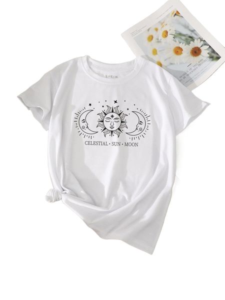 sun & moon & letter graphic tee s5nb#, White