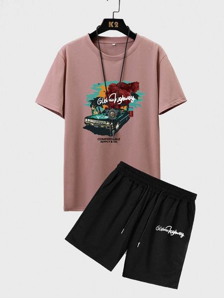 men car & letter graphic tee & drawstring waist shorts n3op#, Gray
men car & letter graphic tee & drawstring waist shorts n3op#, Gray