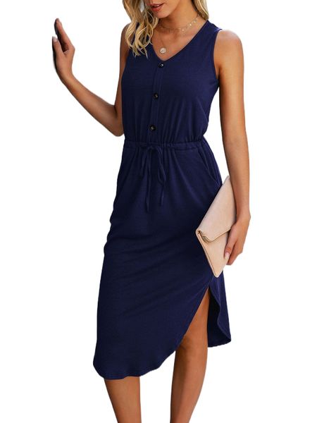 drawstring waist hidden pocket asymmetrical hem tank dress s7rl#, Black;gray 
drawstring waist hidden pocket asymmetrical hem tank dress s7rl#, Black;gray