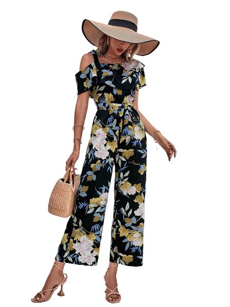 floral print asymmetrical neck ruffle trim wide leg belted jumpsuit f9m0#, Black;white
floral print asymmetrical neck ruffle trim wide leg belted jumpsuit f9m0#, Black;white