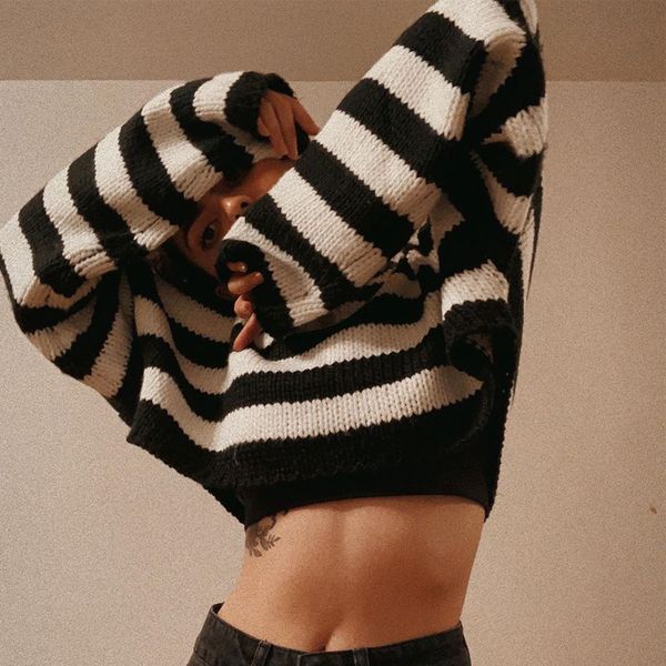 goth dark vintage striped gothic sweaters punk style oversize long sleeve oneck women pullovers fashion autumn streetwear 220815, White;black
goth dark vintage striped gothic sweaters punk style oversize long sleeve oneck women pullovers fashion autumn streetwear 220815, White;black