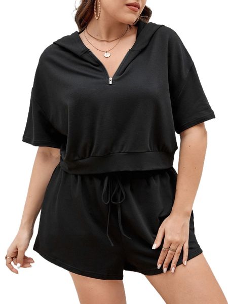 plus drop shoulder half zip hoodie & tie front shorts r8g6#, Black