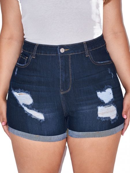 plus ripped roll hem denim shorts 89mr#, White;black