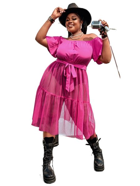 plus contrast mesh ruffle hem belted dress r3fg#, Black
plus contrast mesh ruffle hem belted dress r3fg#, Black