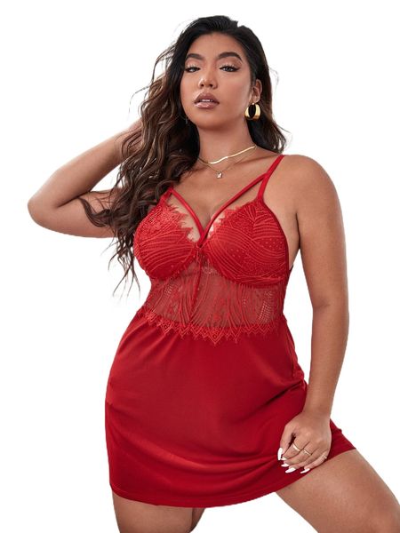 plus lace panel cut out cami nightdress v9ad#, Black;white