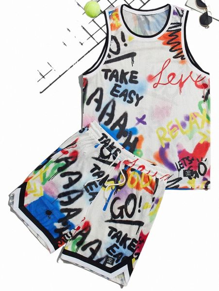 men letter graphic striped trim mesh tank & drawstring waist shorts v6js#, Gray
men letter graphic striped trim mesh tank & drawstring waist shorts v6js#, Gray