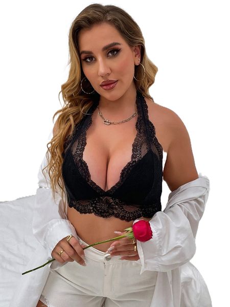 plus floral lace halter bralette o9xf#, Black;white 
plus floral lace halter bralette o9xf#, Black;white