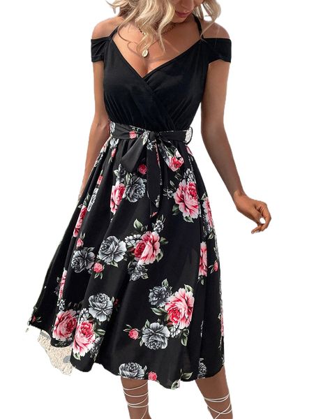 floral print tie back belted dress q2nl#, Black;gray