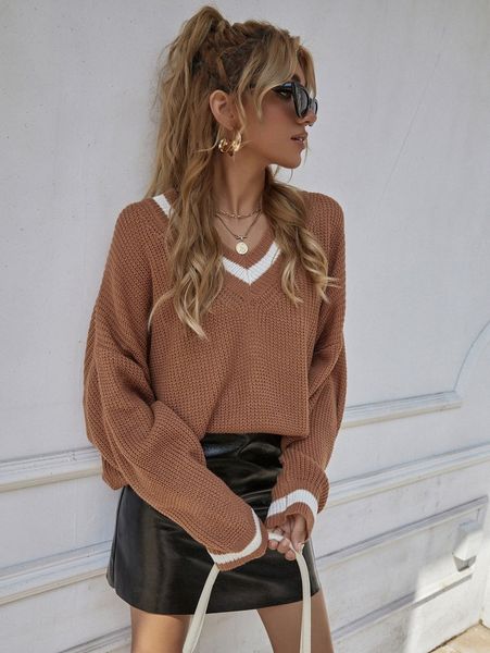 v neck striped batwing sleeve oversized sweater d9kw#, White;black