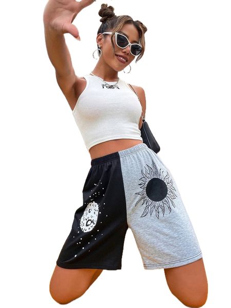 two tone sun & planet print shorts s5j5#, White;black